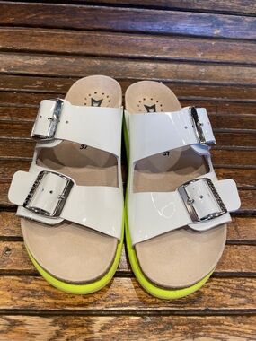 Hester style by Mephisto Patent Slide Sandals with Neon Green Sole